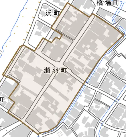 瀬羽町とその周辺の地図。町の範囲を重ねている