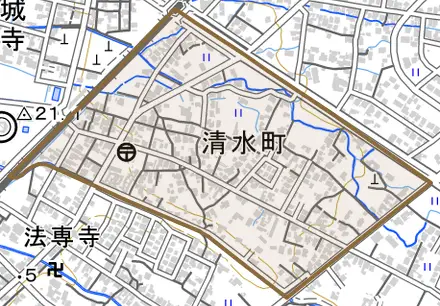 清水町とその周辺の地図。町の範囲を重ねている