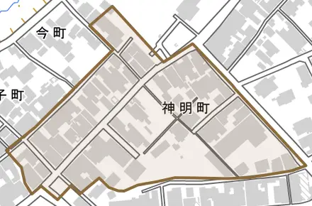 神明町とその周辺の地図。町の範囲を重ねている