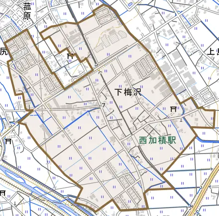 下梅沢とその周辺の地図。町の範囲を重ねている