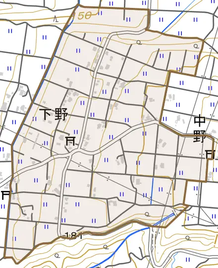 下野とその周辺の地図。町の範囲を重ねている