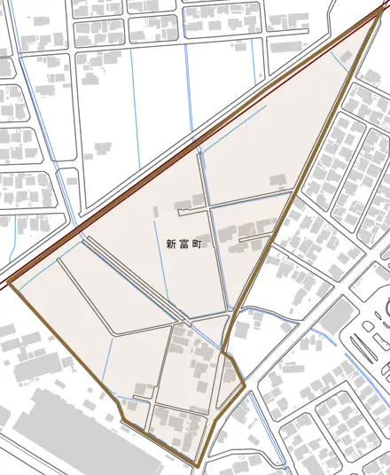 新富町とその周辺の地図。町の範囲を重ねている