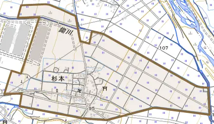 杉本とその周辺の地図。町の範囲を重ねている
