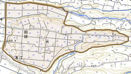 田林とその周辺の地図。町の範囲を重ねている