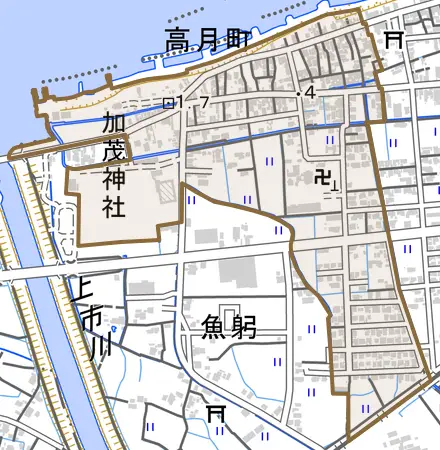 高月町とその周辺の地図。町の範囲を重ねている
