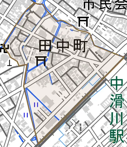 田中町とその周辺の地図。町の範囲を重ねている
