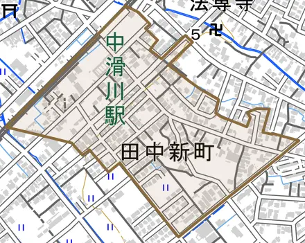 田中新町とその周辺の地図。町の範囲を重ねている