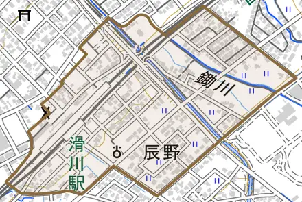 辰野とその周辺の地図。町の範囲を重ねている