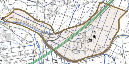 寺町とその周辺の地図。町の範囲を重ねている