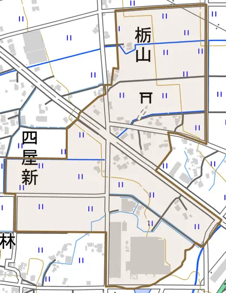 栃山とその周辺の地図。町の範囲を重ねている
