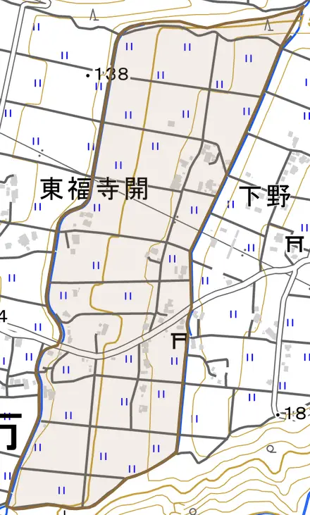 東福寺開とその周辺の地図。町の範囲を重ねている