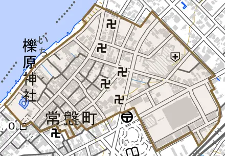 常盤町とその周辺の地図。町の範囲を重ねている