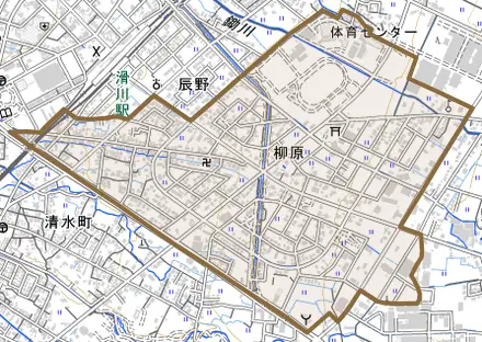 柳原とその周辺の地図。町の範囲を重ねている