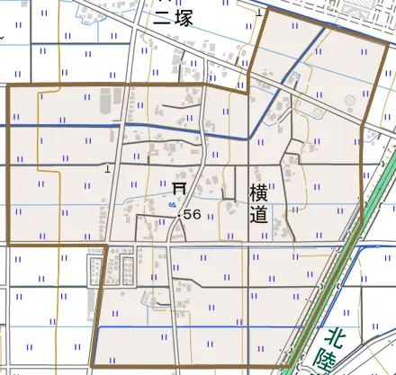 横道とその周辺の地図。町の範囲を重ねている