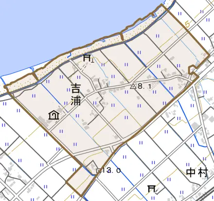 吉浦とその周辺の地図。町の範囲を重ねている