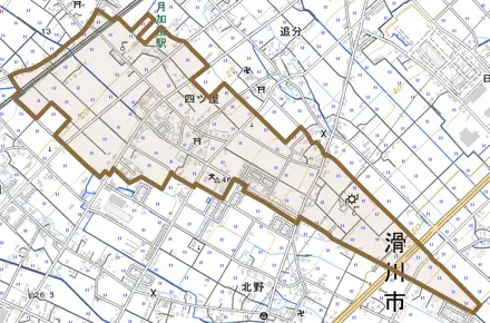 四ツ屋とその周辺の地図。町の範囲を重ねている