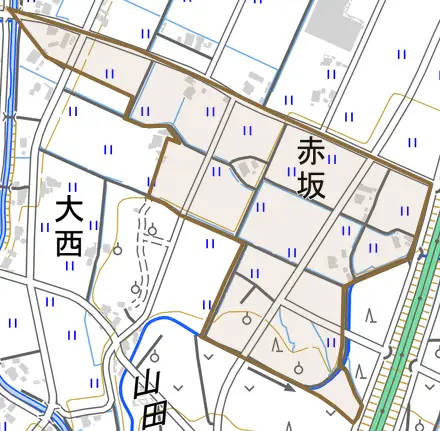 赤坂とその周辺の地図。町の範囲を重ねている