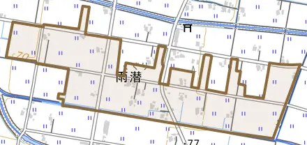 雨潜とその周辺の地図。町の範囲を重ねている