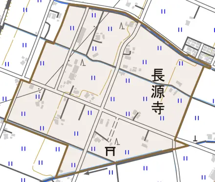 長源寺とその周辺の地図。町の範囲を重ねている