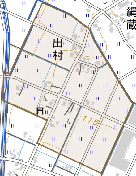 出村とその周辺の地図。町の範囲を重ねている