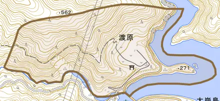 渡原とその周辺の地図。町の範囲を重ねている