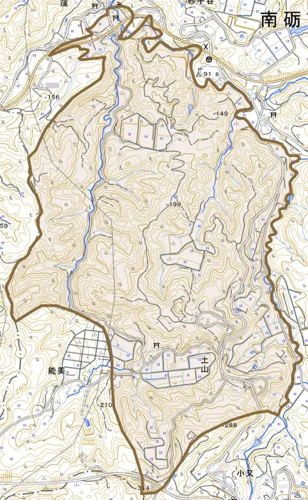 土山とその周辺の地図。町の範囲を重ねている