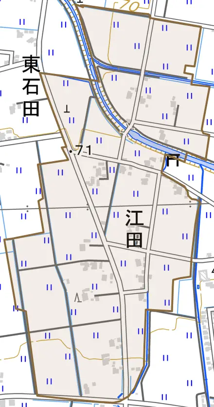 江田とその周辺の地図。町の範囲を重ねている