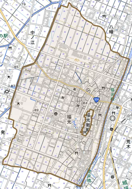 福光とその周辺の地図。町の範囲を重ねている