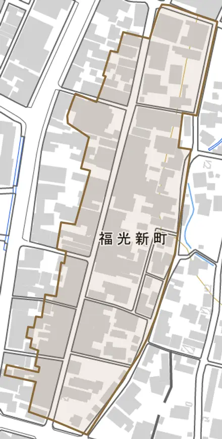 福光新町とその周辺の地図。町の範囲を重ねている