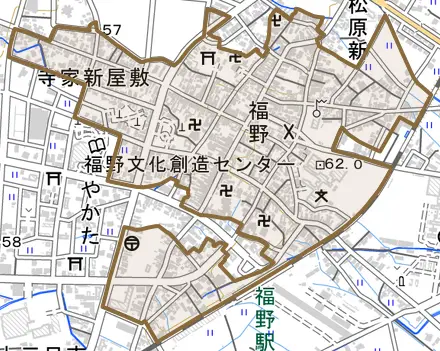 福野とその周辺の地図。町の範囲を重ねている