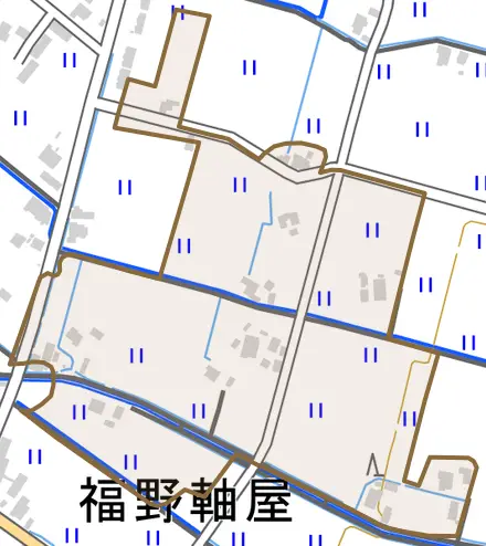 福野軸屋とその周辺の地図。町の範囲を重ねている
