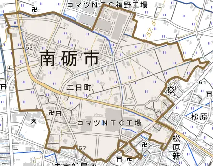 二日町とその周辺の地図。町の範囲を重ねている