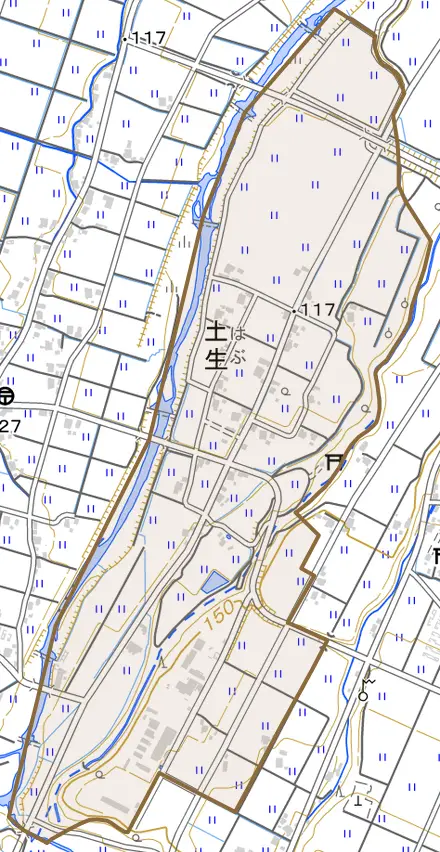 土生とその周辺の地図。町の範囲を重ねている