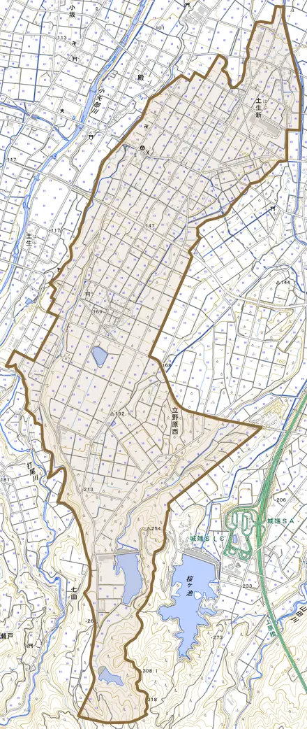 土生新とその周辺の地図。町の範囲を重ねている