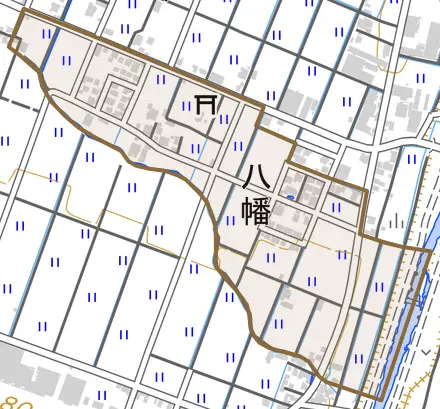 八幡とその周辺の地図。町の範囲を重ねている