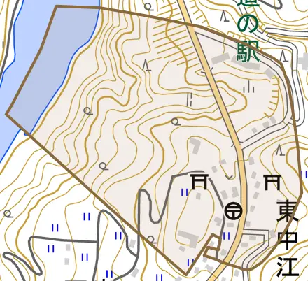 東中江とその周辺の地図。町の範囲を重ねている