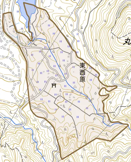 東西原とその周辺の地図。町の範囲を重ねている