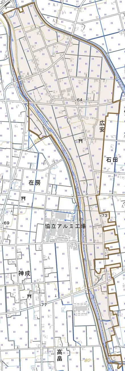 広安とその周辺の地図。町の範囲を重ねている