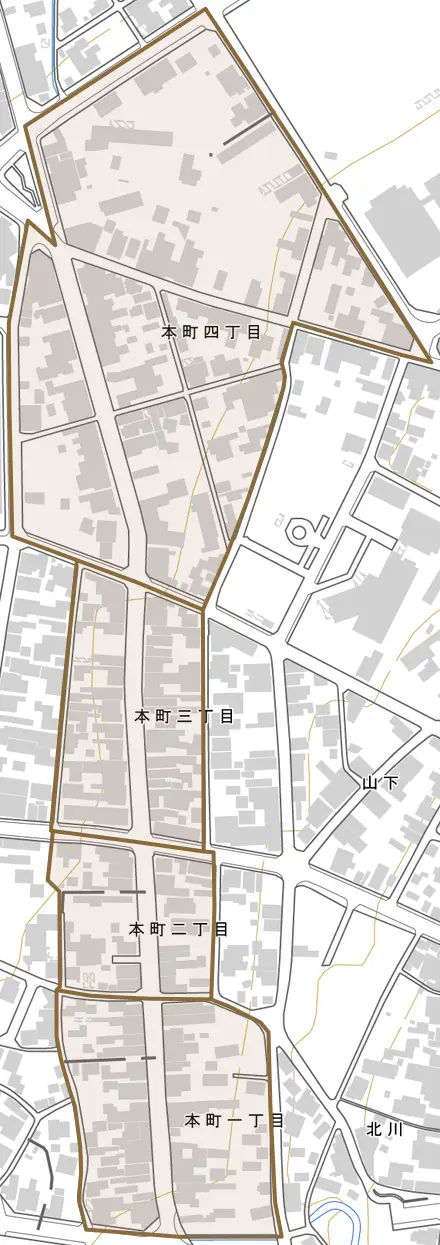 本町とその周辺の地図。町の範囲を重ねている