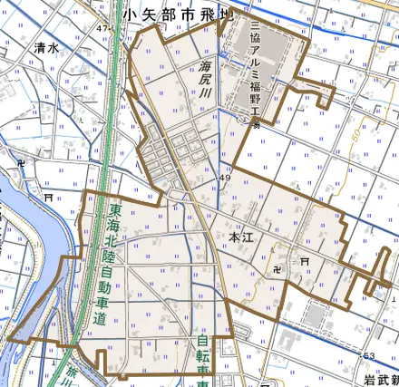 本江とその周辺の地図。町の範囲を重ねている