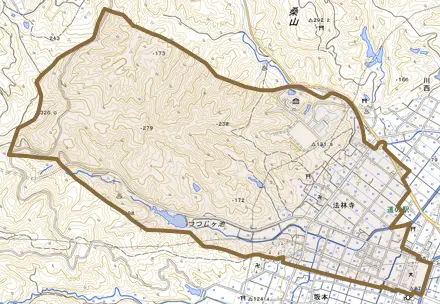 法林寺とその周辺の地図。町の範囲を重ねている