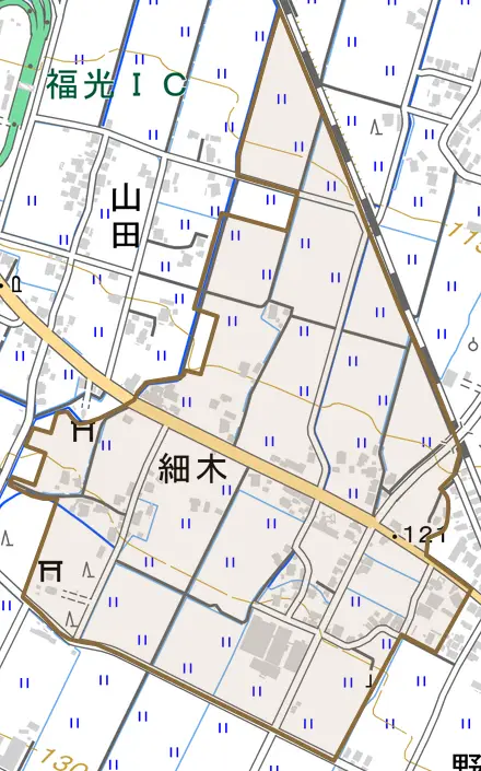 細木とその周辺の地図。町の範囲を重ねている