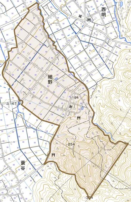 細野とその周辺の地図。町の範囲を重ねている