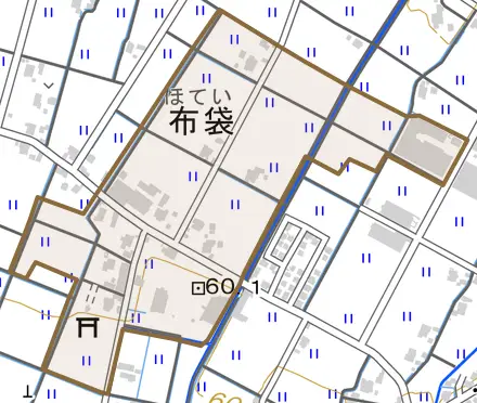 布袋とその周辺の地図。町の範囲を重ねている