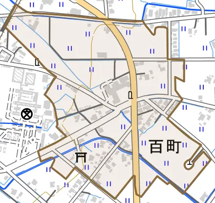 百町とその周辺の地図。町の範囲を重ねている
