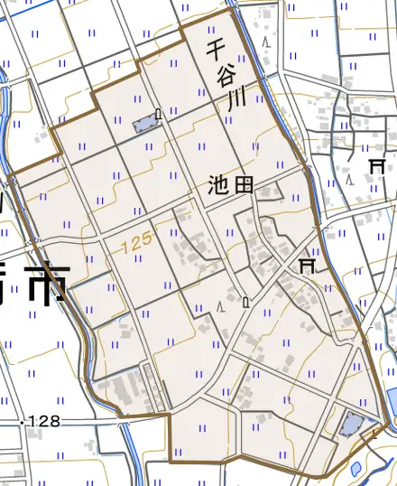 池田とその周辺の地図。町の範囲を重ねている