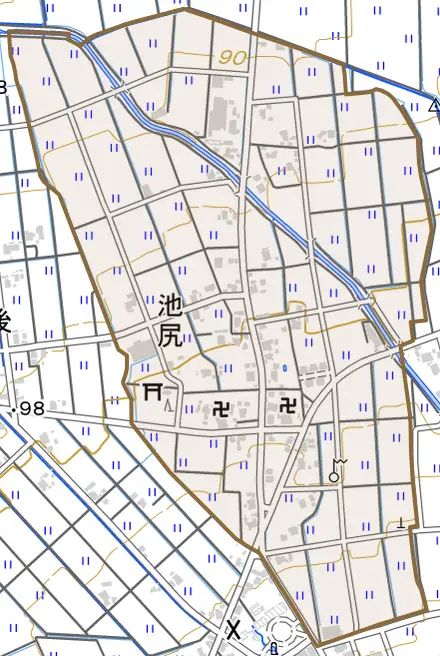 池尻とその周辺の地図。町の範囲を重ねている