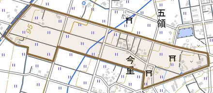 今里とその周辺の地図。町の範囲を重ねている