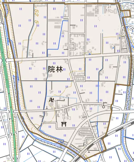 院林とその周辺の地図。町の範囲を重ねている