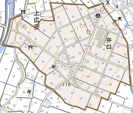 井口とその周辺の地図。町の範囲を重ねている